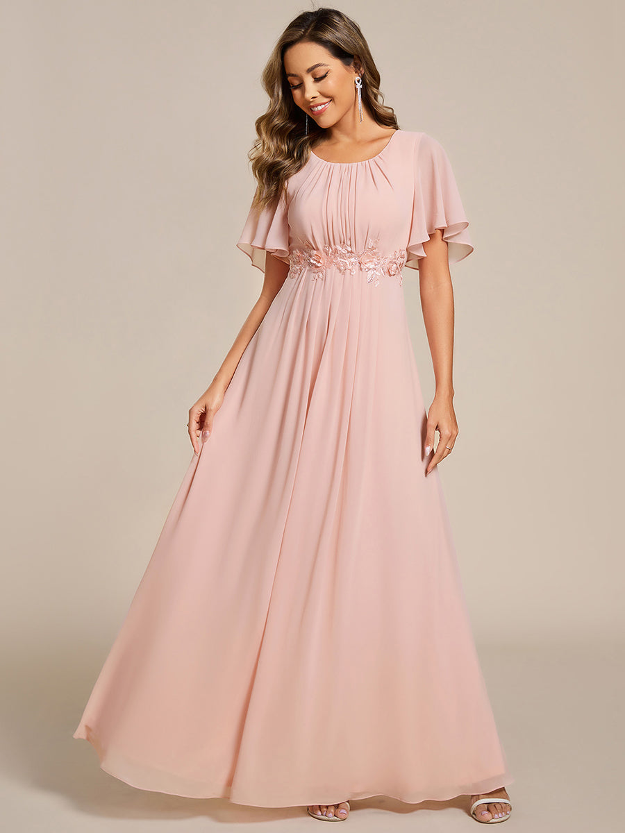 Pleated Short Sleeve Ruffled Maxi Evening Dress #color_Pink