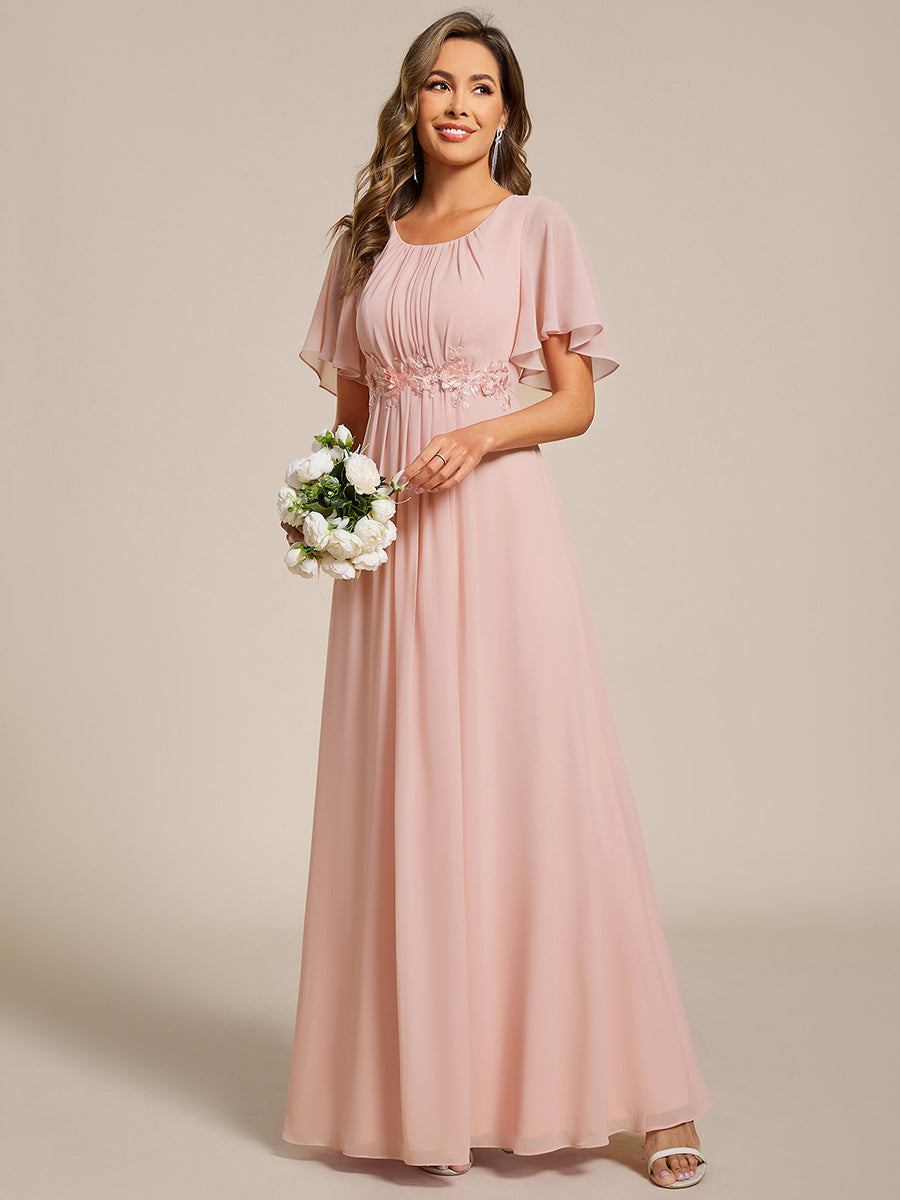 Pleated Short Sleeve Ruffled Maxi Evening Dress #color_Pink