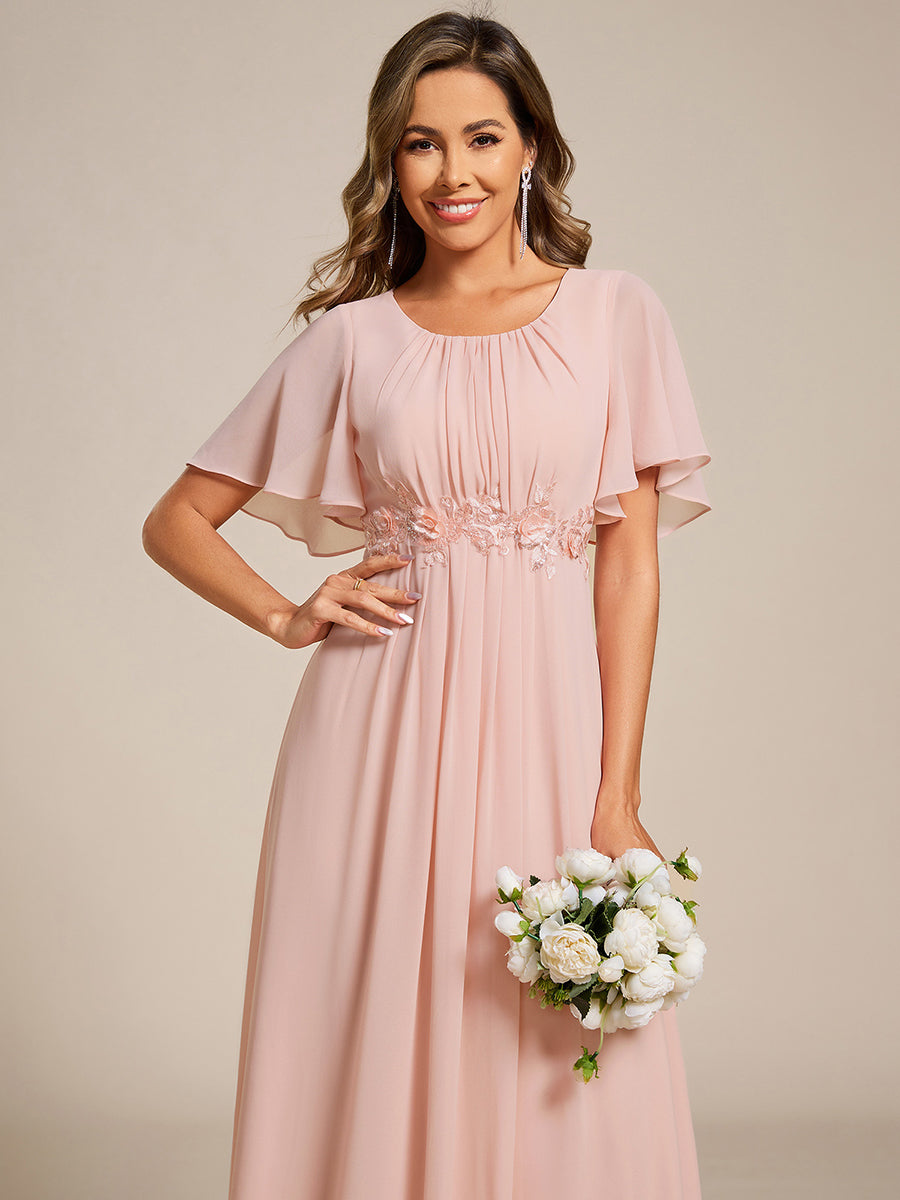 Pleated Short Sleeve Ruffled Maxi Evening Dress #color_Pink