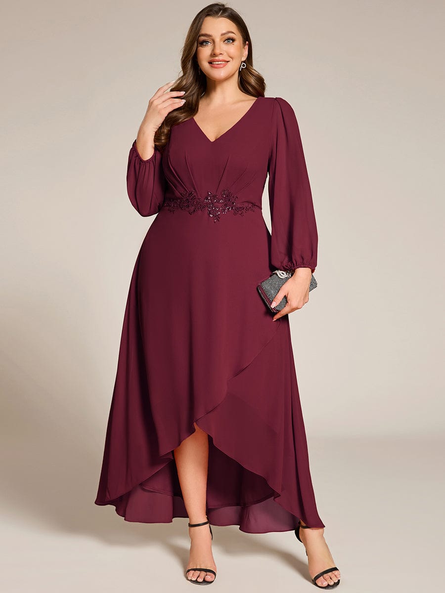 Chiffon Long Sleeve High-Low Evening Dress with Waist Applique #color_Burgundy