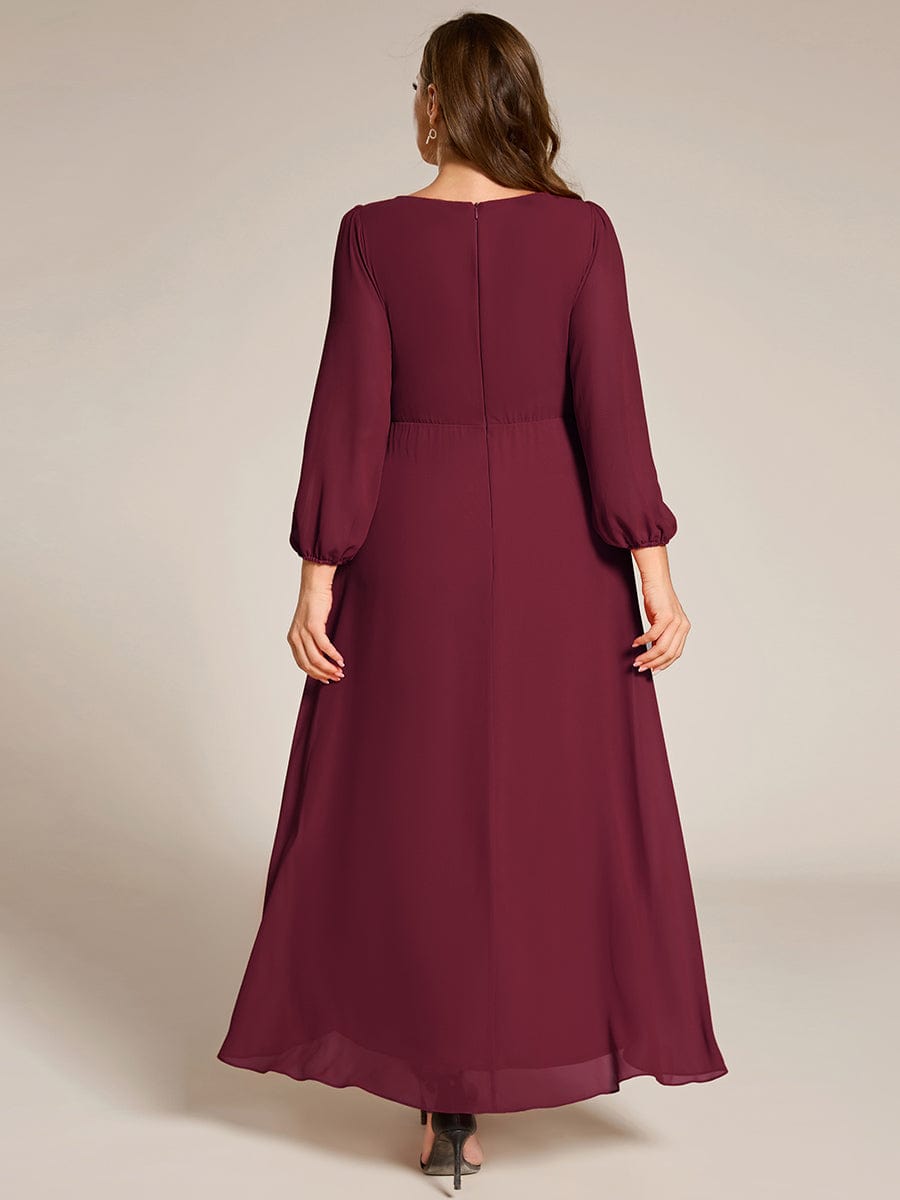 Chiffon Long Sleeve High-Low Evening Dress with Waist Applique #color_Burgundy