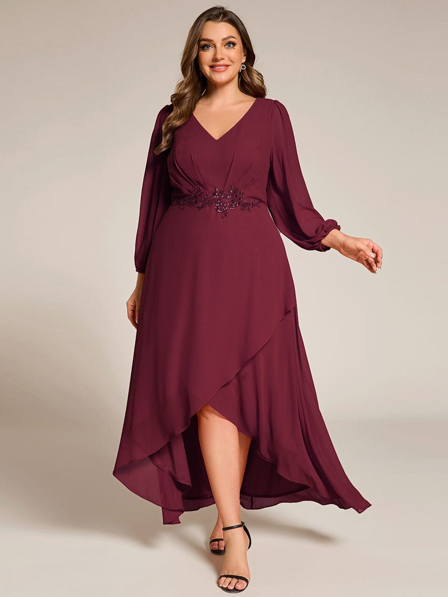 Chiffon Long Sleeve High-Low Evening Dress with Waist Applique #color_Burgundy