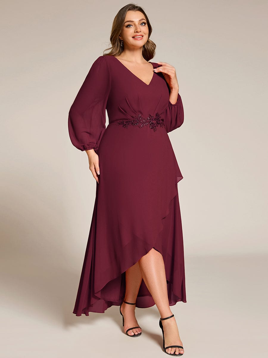 Chiffon Long Sleeve High-Low Evening Dress with Waist Applique #color_Burgundy