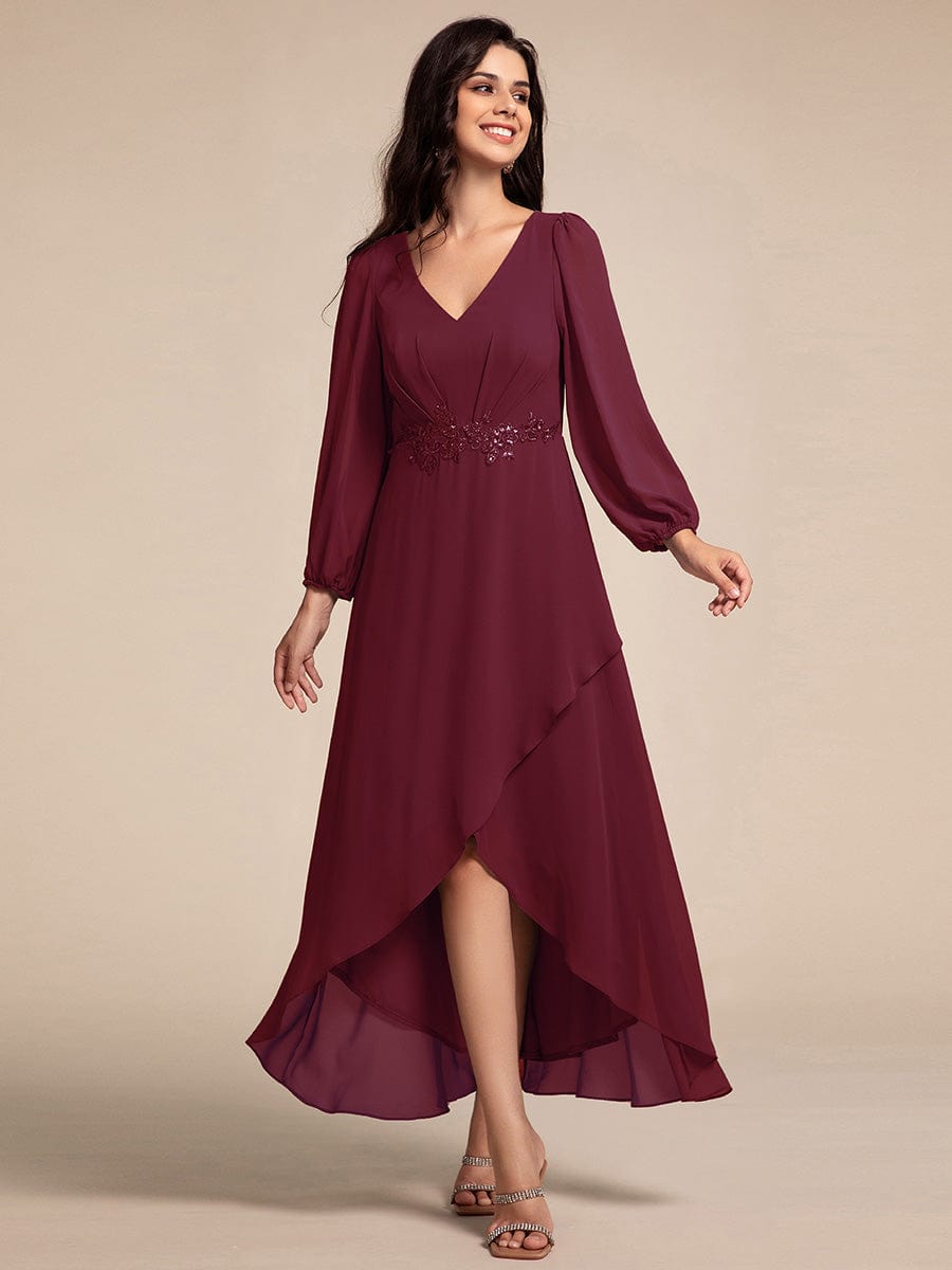 Chiffon Long Sleeve High-Low Evening Dress with Waist Applique #color_Burgundy