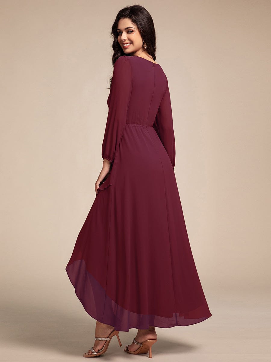 Chiffon Long Sleeve High-Low Evening Dress with Waist Applique #color_Burgundy