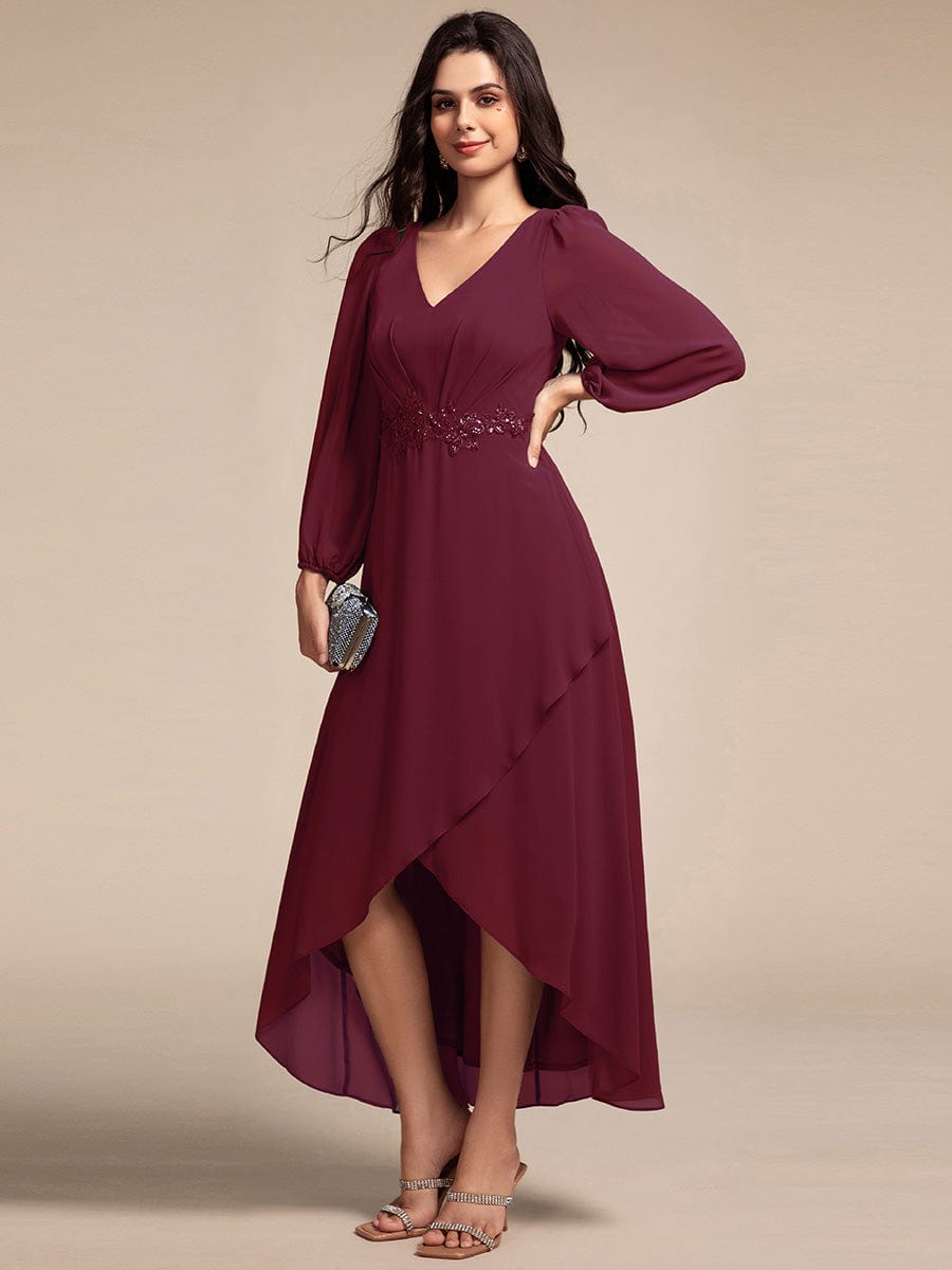 Chiffon Long Sleeve High-Low Evening Dress with Waist Applique #color_Burgundy