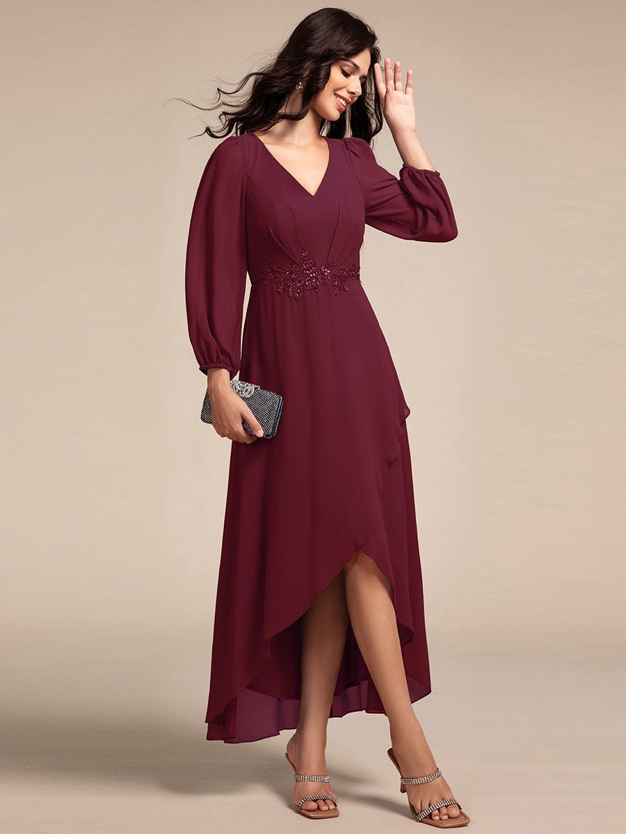 Chiffon Long Sleeve High-Low Evening Dress with Waist Applique #color_Burgundy