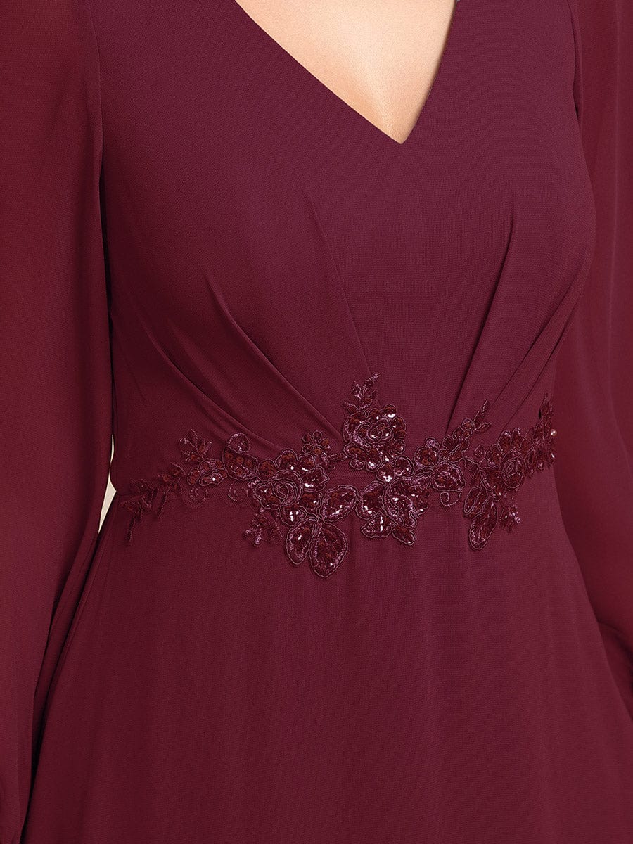 Chiffon Long Sleeve High-Low Evening Dress with Waist Applique #color_Burgundy