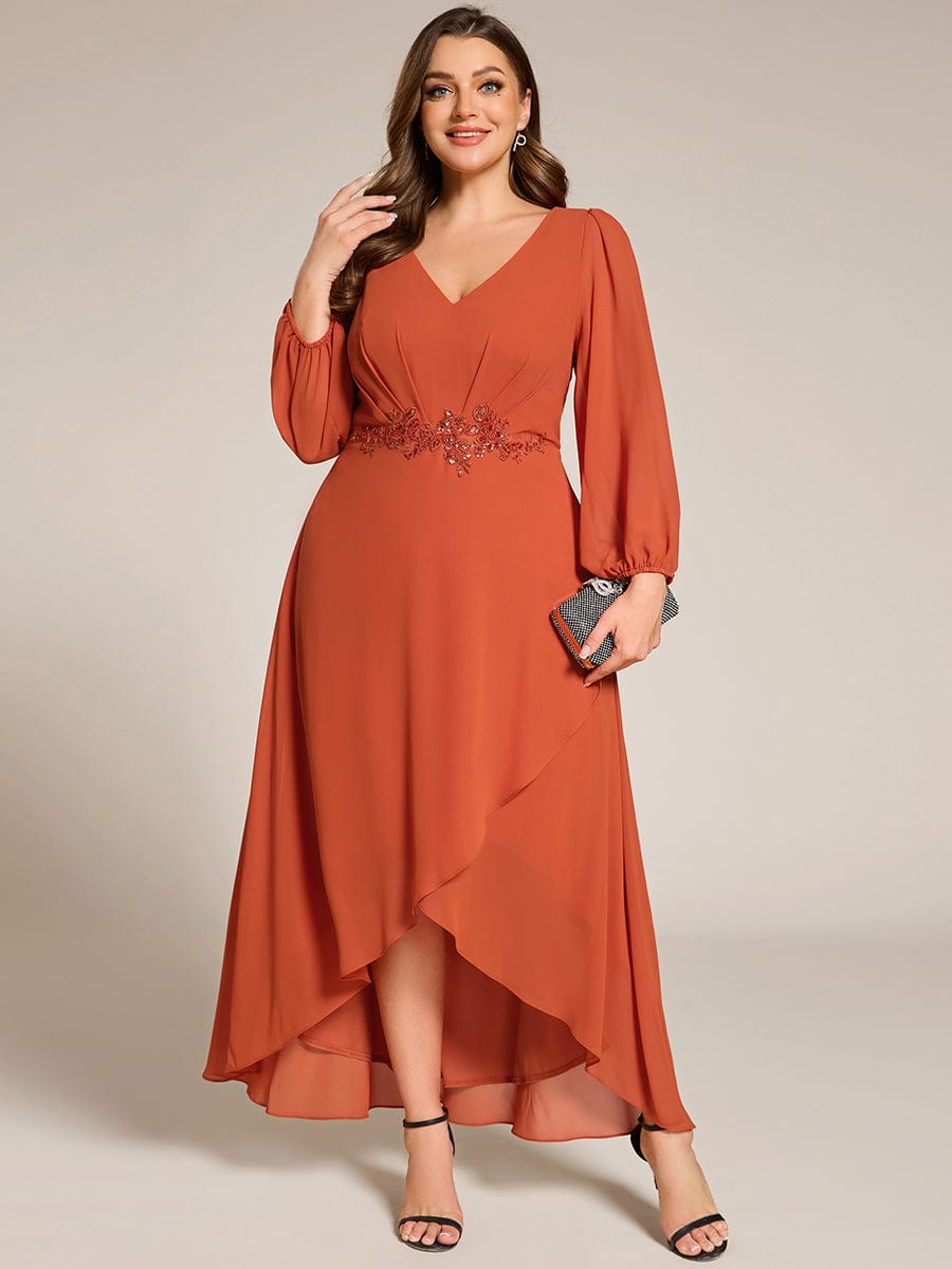 Chiffon Long Sleeve High-Low Evening Dress with Waist Applique #color_Burnt Orange