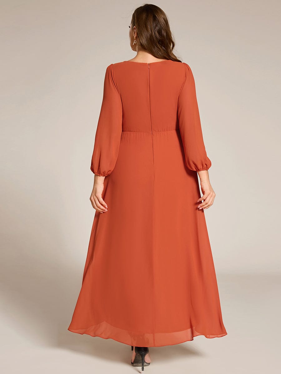 Chiffon Long Sleeve High-Low Evening Dress with Waist Applique #color_Burnt Orange