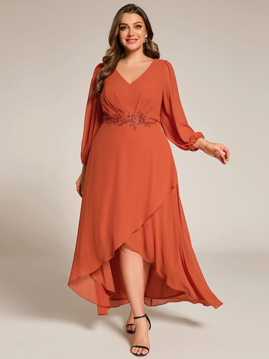 Chiffon Long Sleeve High-Low Evening Dress with Waist Applique #color_Burnt Orange