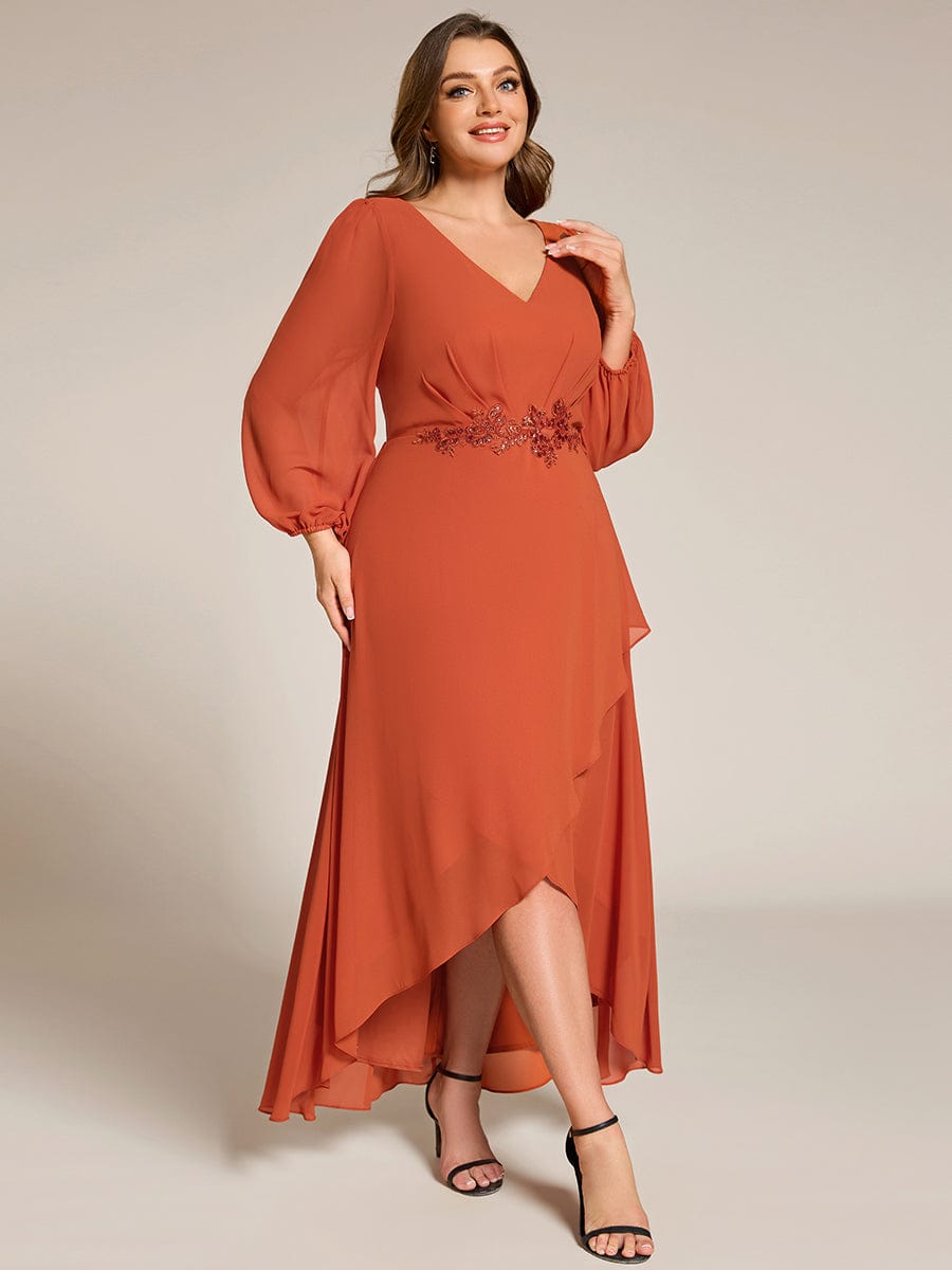 Chiffon Long Sleeve High-Low Evening Dress with Waist Applique #color_Burnt Orange