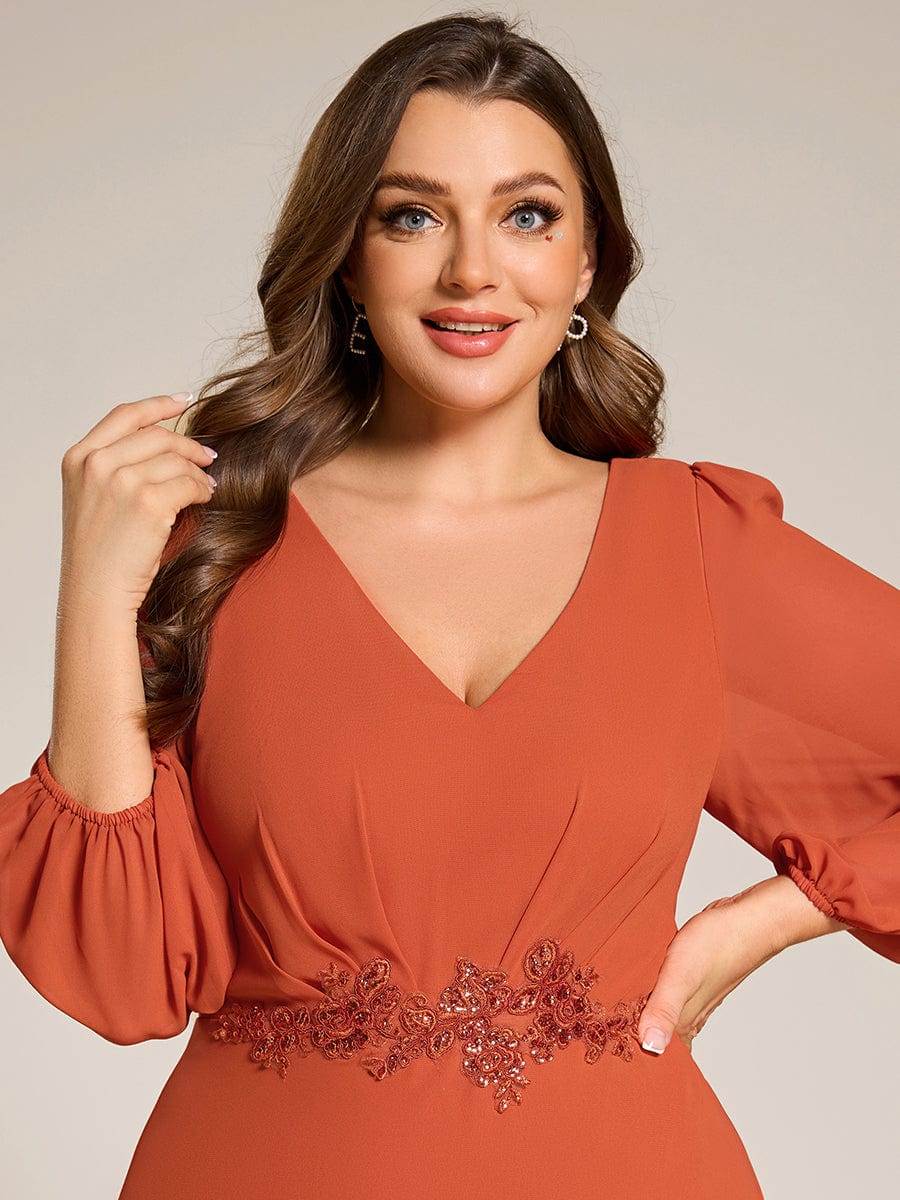 Chiffon Long Sleeve High-Low Evening Dress with Waist Applique #color_Burnt Orange