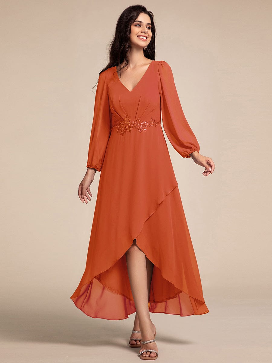 Chiffon Long Sleeve High-Low Evening Dress with Waist Applique #color_Burnt Orange