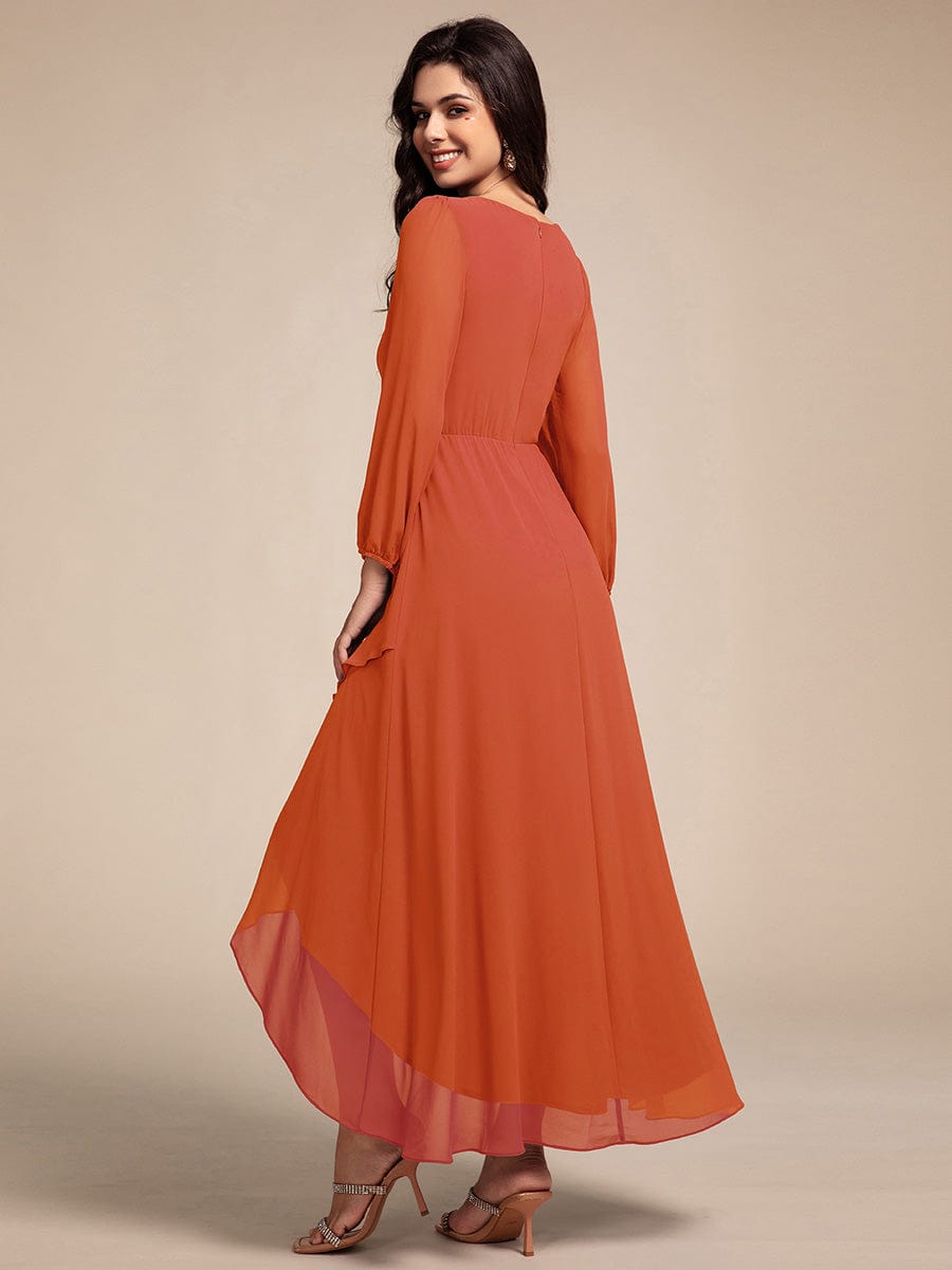 Chiffon Long Sleeve High-Low Evening Dress with Waist Applique #color_Burnt Orange