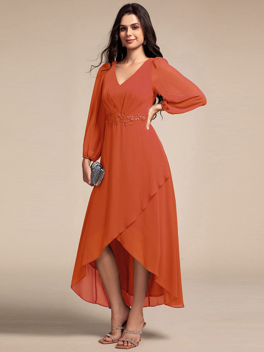 Chiffon Long Sleeve High-Low Evening Dress with Waist Applique #color_Burnt Orange