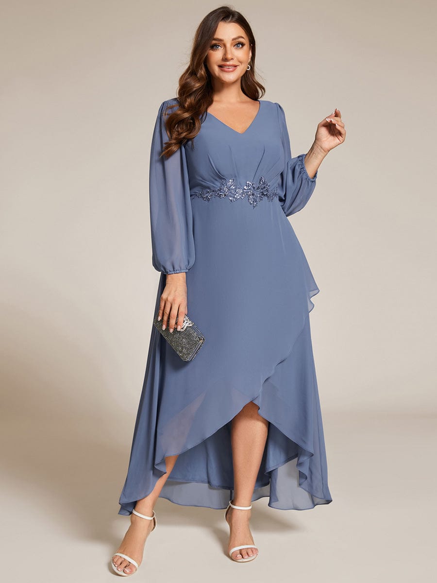 Chiffon Long Sleeve High-Low Evening Dress with Waist Applique #color_Dusty Navy