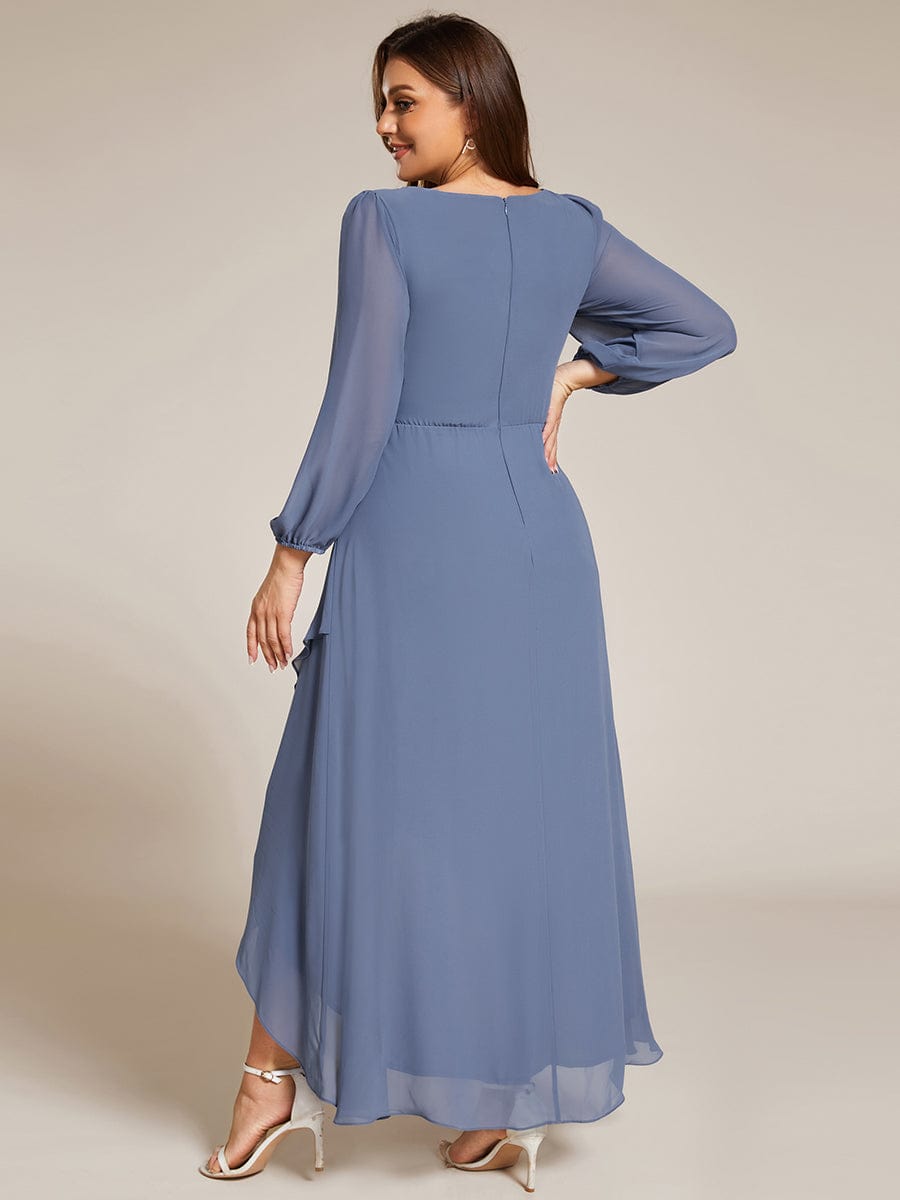 Chiffon Long Sleeve High-Low Evening Dress with Waist Applique #color_Dusty Navy