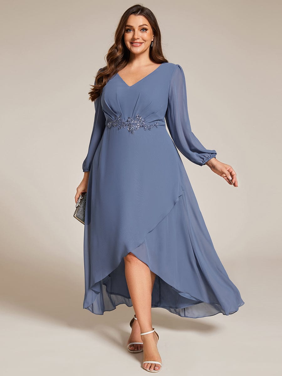 Chiffon Long Sleeve High-Low Evening Dress with Waist Applique #color_Dusty Navy