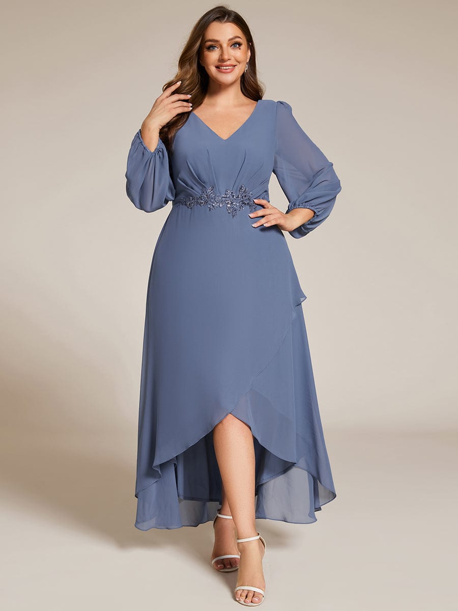 Chiffon Long Sleeve High-Low Evening Dress with Waist Applique #color_Dusty Navy