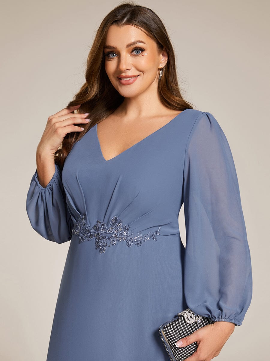 Chiffon Long Sleeve High-Low Evening Dress with Waist Applique #color_Dusty Navy