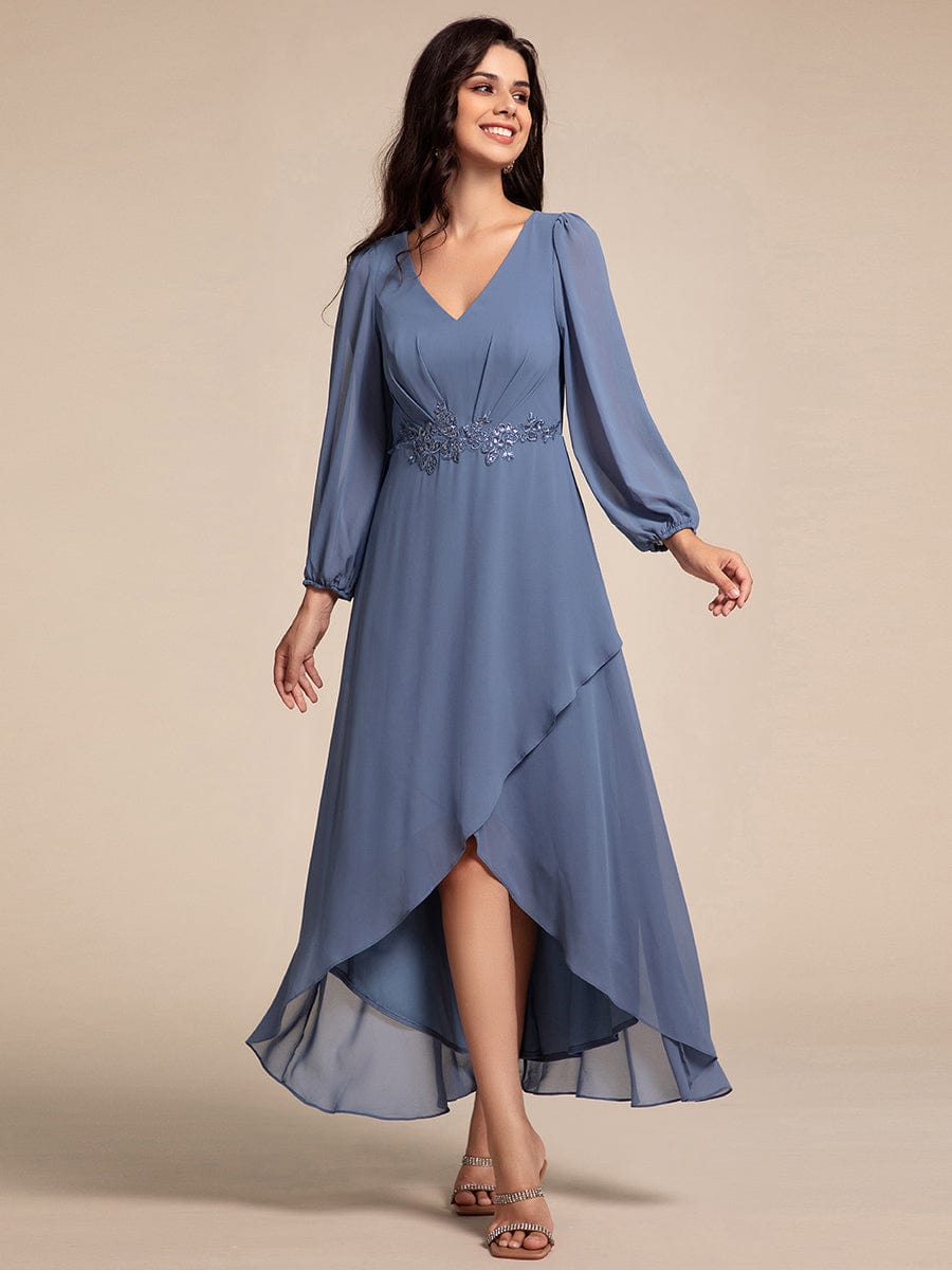 Chiffon Long Sleeve High-Low Evening Dress with Waist Applique #color_Dusty Navy