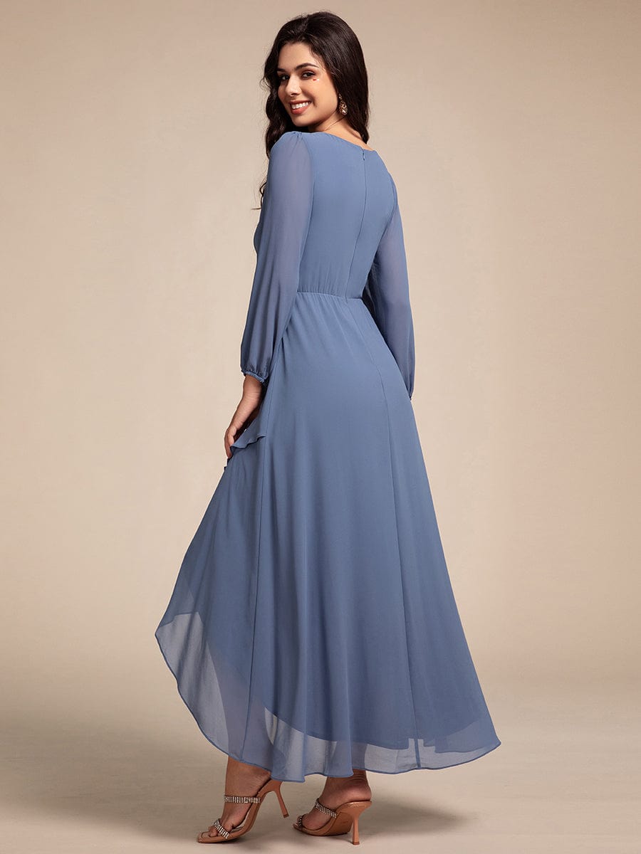 Chiffon Long Sleeve High-Low Evening Dress with Waist Applique #color_Dusty Navy