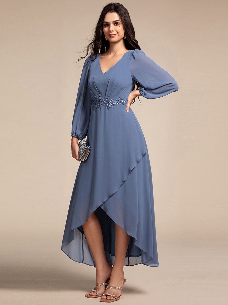 Chiffon Long Sleeve High-Low Evening Dress with Waist Applique #color_Dusty Navy