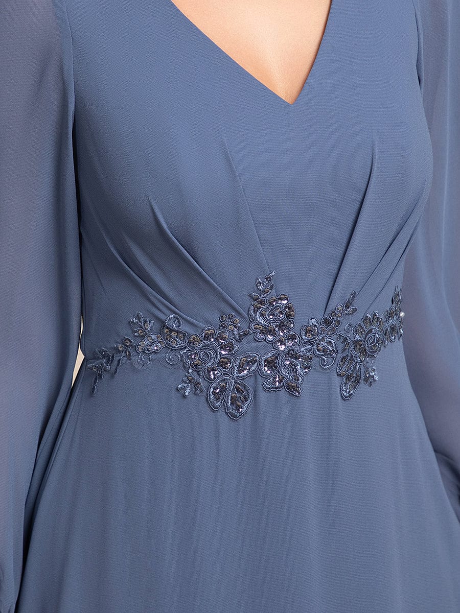 Chiffon Long Sleeve High-Low Evening Dress with Waist Applique #color_Dusty Navy