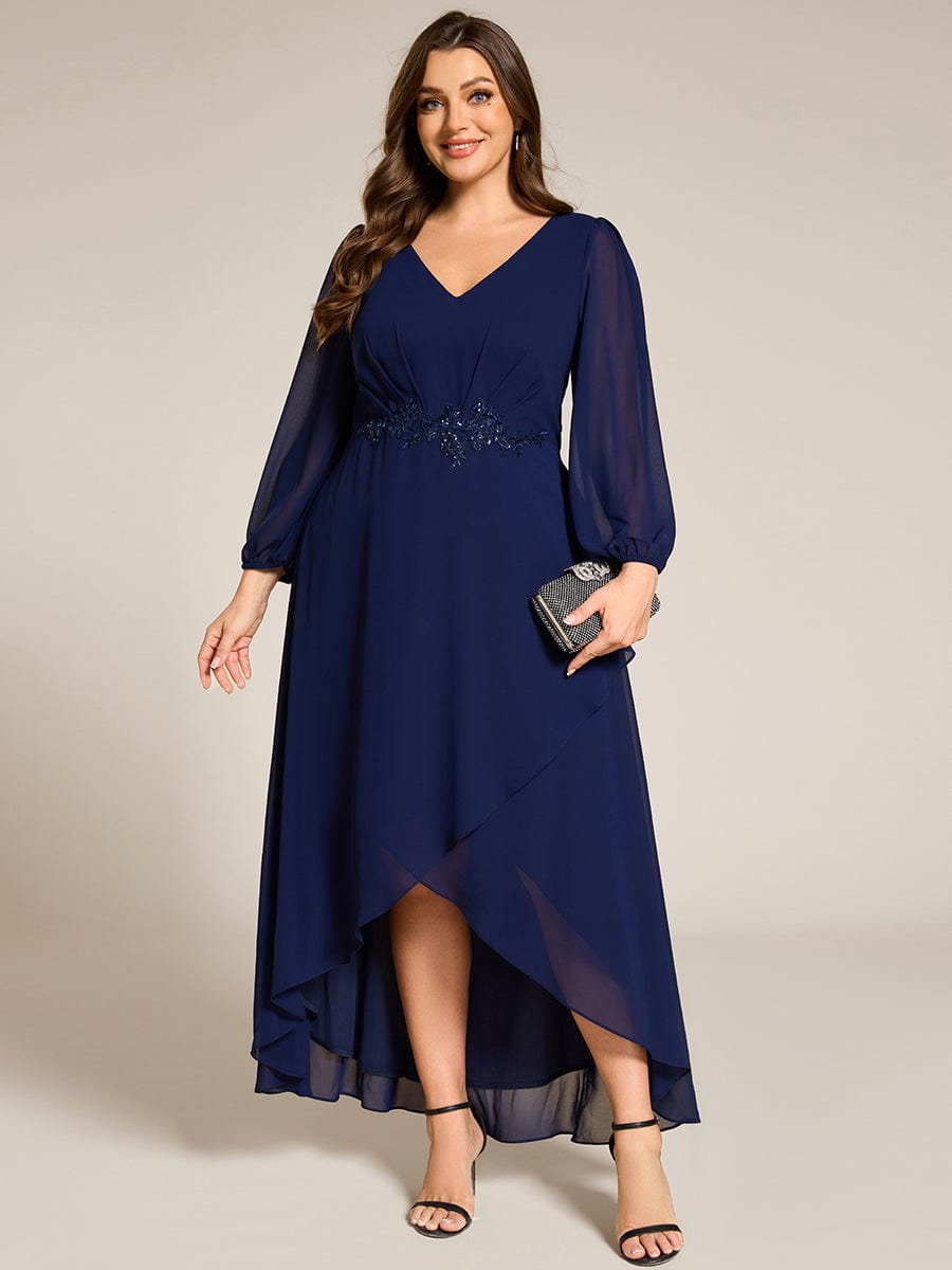 Chiffon Long Sleeve High-Low Evening Dress with Waist Applique #color_Navy Blue