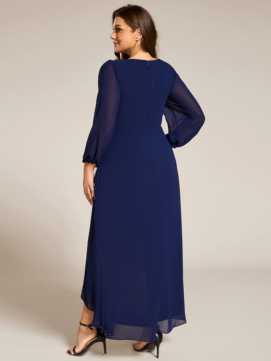 Chiffon Long Sleeve High-Low Evening Dress with Waist Applique #color_Navy Blue