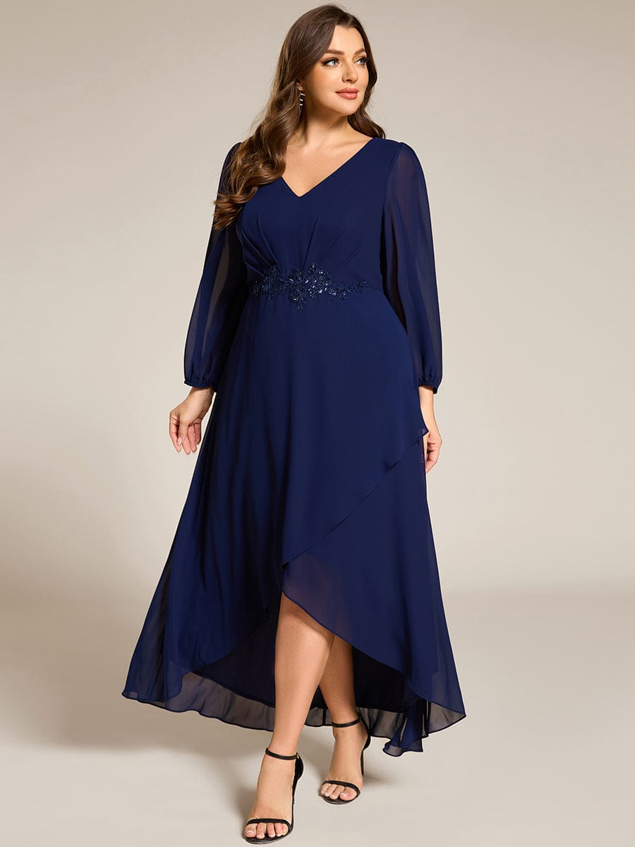 Chiffon Long Sleeve High-Low Evening Dress with Waist Applique #color_Navy Blue