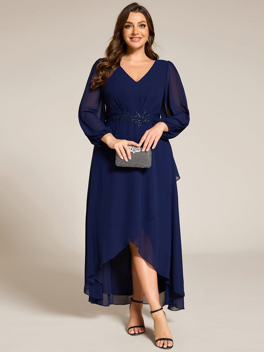 Chiffon Long Sleeve High-Low Evening Dress with Waist Applique #color_Navy Blue