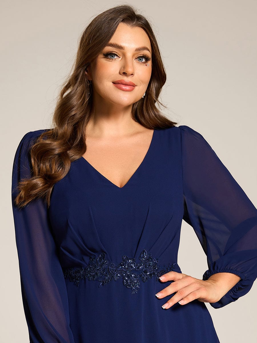 Chiffon Long Sleeve High-Low Evening Dress with Waist Applique #color_Navy Blue