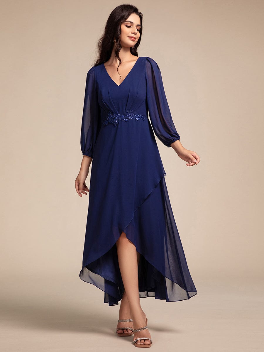 Chiffon Long Sleeve High-Low Evening Dress with Waist Applique #color_Navy Blue