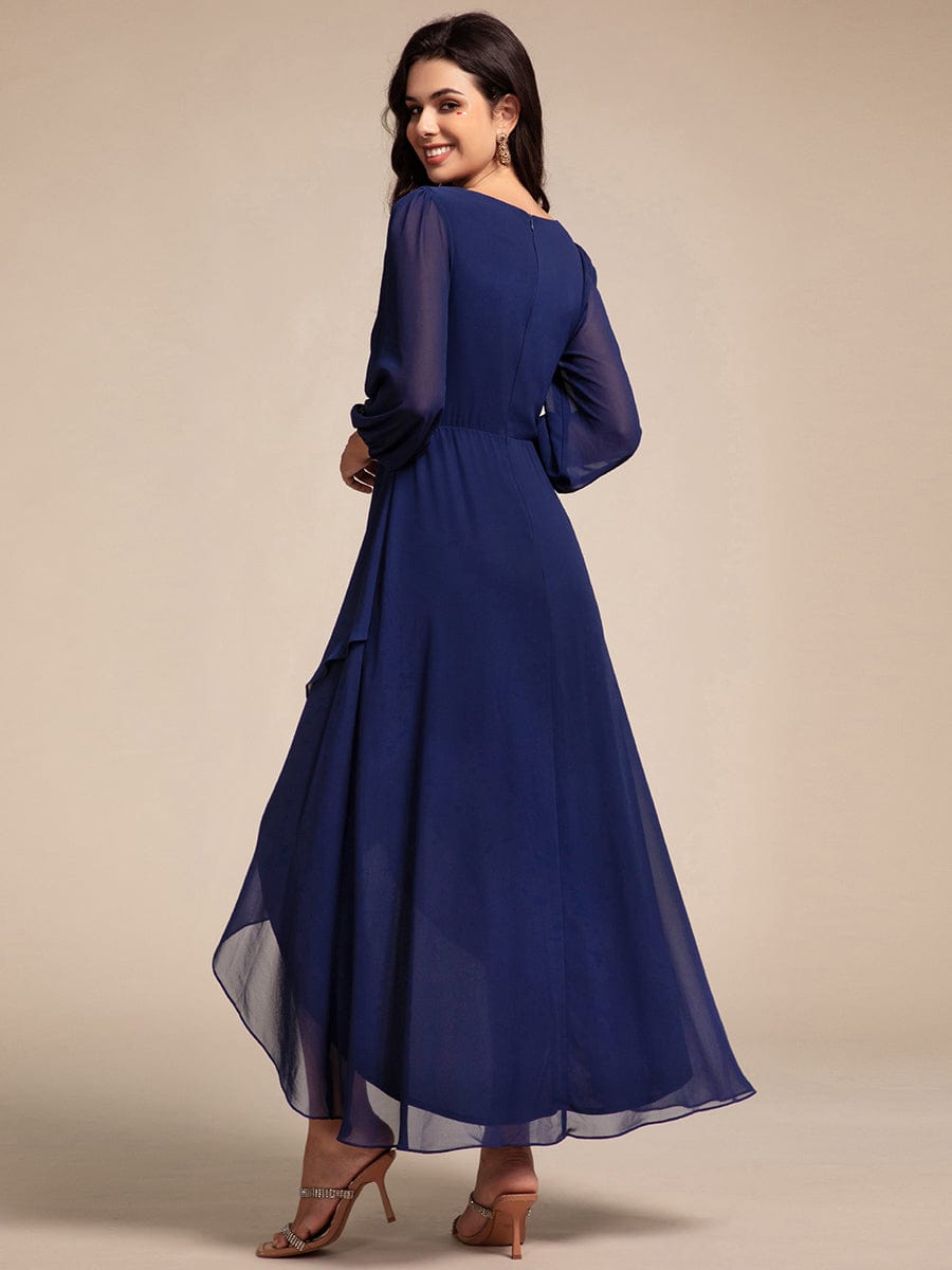 Chiffon Long Sleeve High-Low Evening Dress with Waist Applique #color_Navy Blue