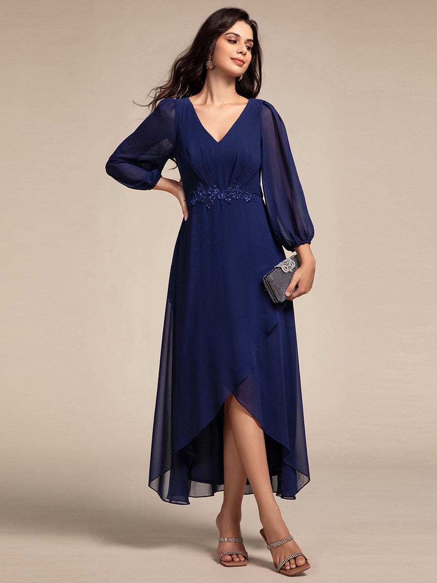 Chiffon Long Sleeve High-Low Evening Dress with Waist Applique #color_Navy Blue