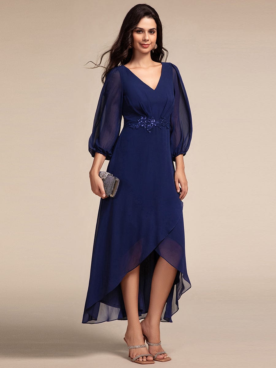 Chiffon Long Sleeve High-Low Evening Dress with Waist Applique #color_Navy Blue