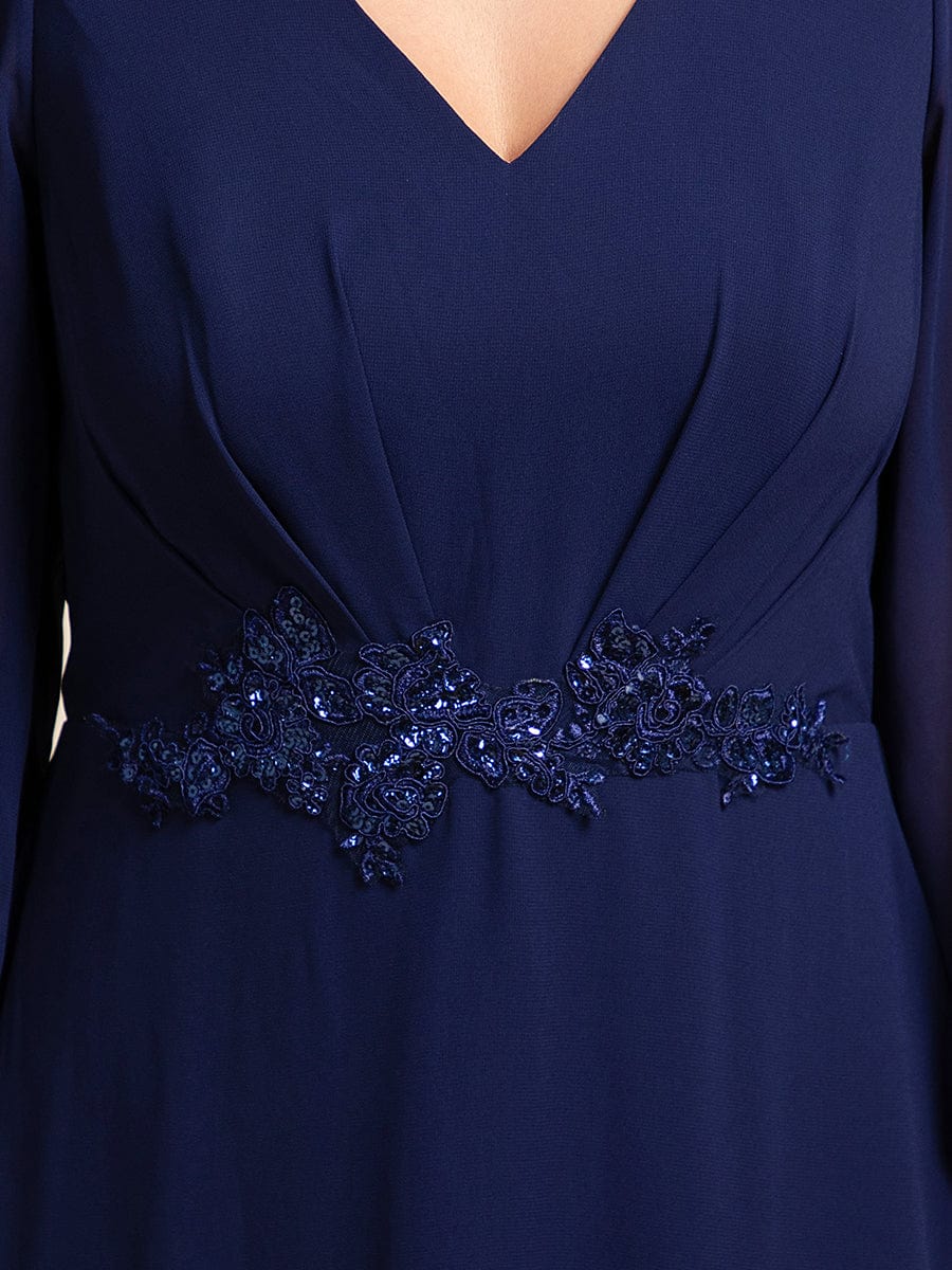 Chiffon Long Sleeve High-Low Evening Dress with Waist Applique #color_Navy Blue