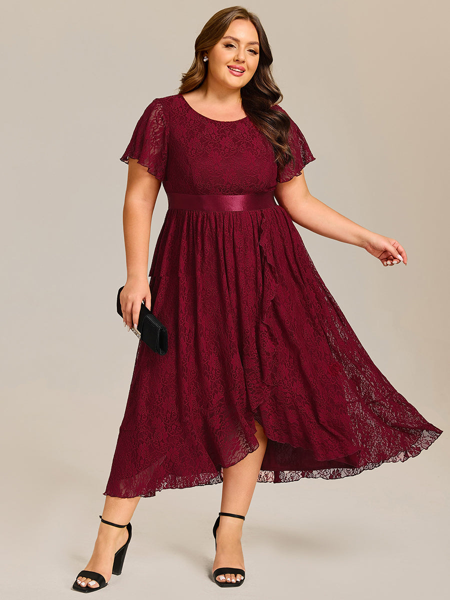 Short Sleeve Ruffled Lace Midi Weeding Guest Dress #color_Burgundy