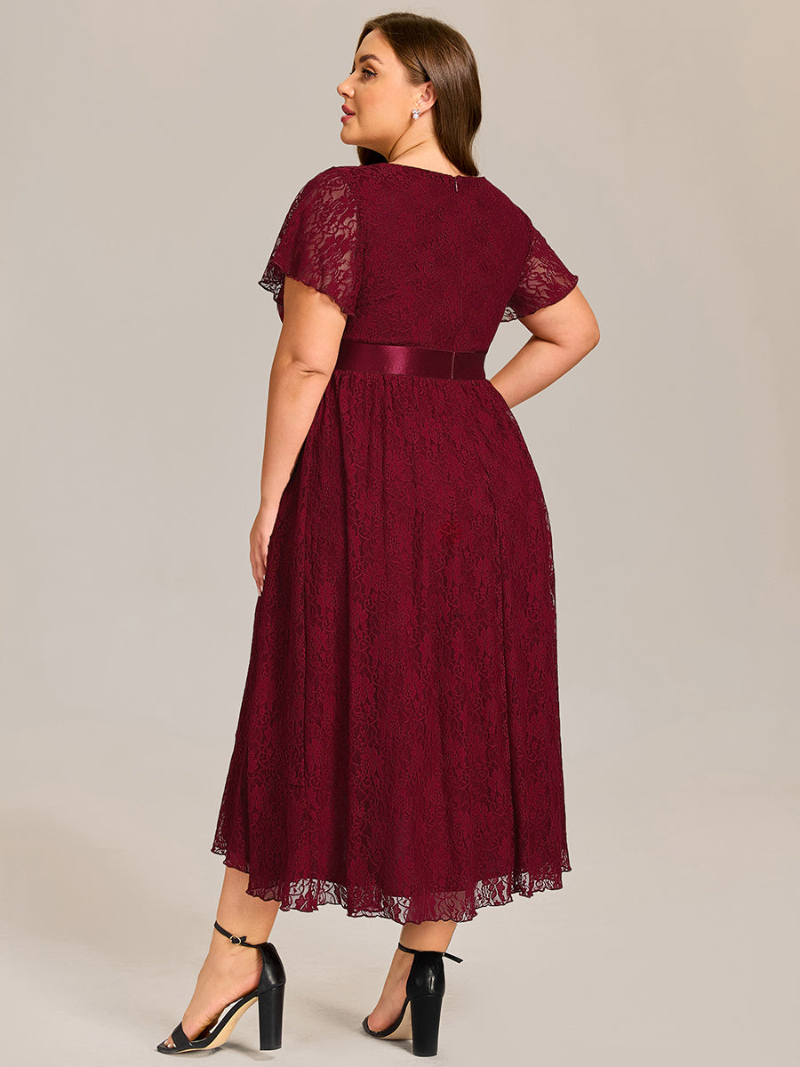 Short Sleeve Ruffled Lace Midi Weeding Guest Dress #color_Burgundy