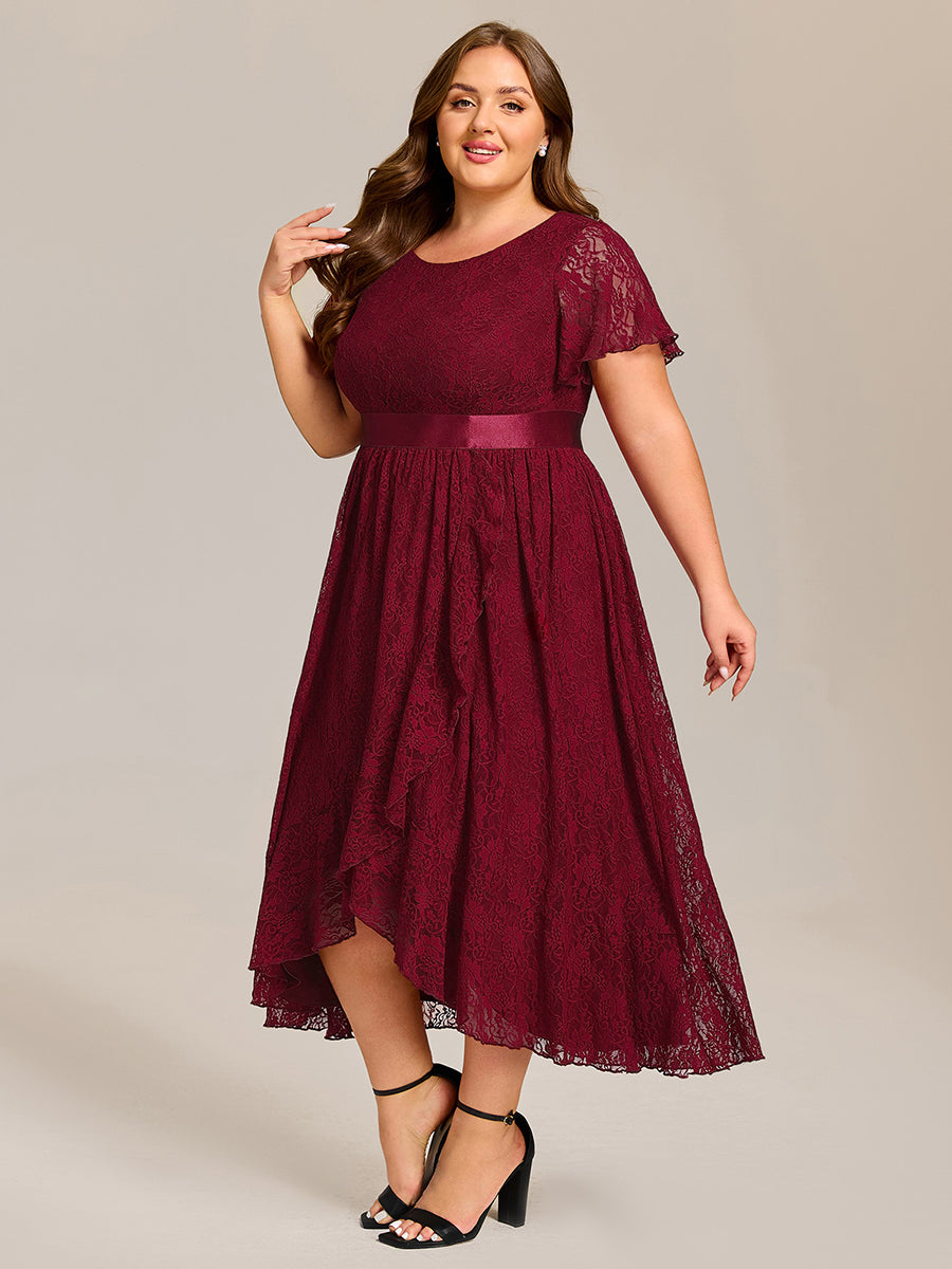 Short Sleeve Ruffled Lace Midi Weeding Guest Dress #color_Burgundy