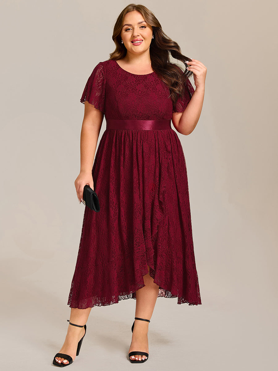 Short Sleeve Ruffled Lace Midi Weeding Guest Dress #color_Burgundy