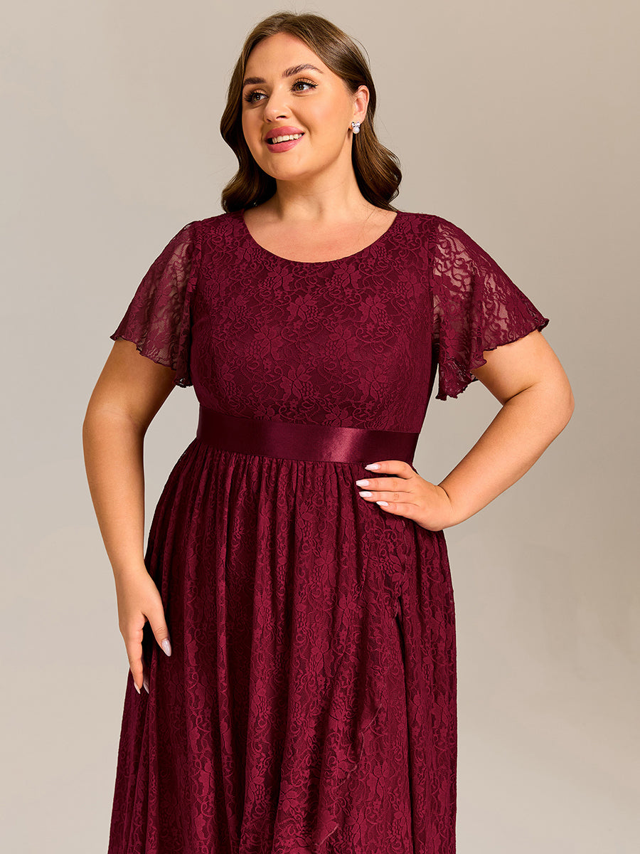 Short Sleeve Ruffled Lace Midi Weeding Guest Dress #color_Burgundy