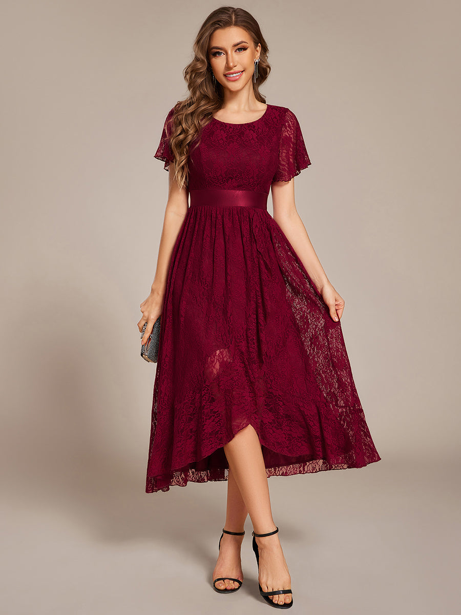 Short Sleeve Ruffled Lace Midi Weeding Guest Dress #color_Burgundy