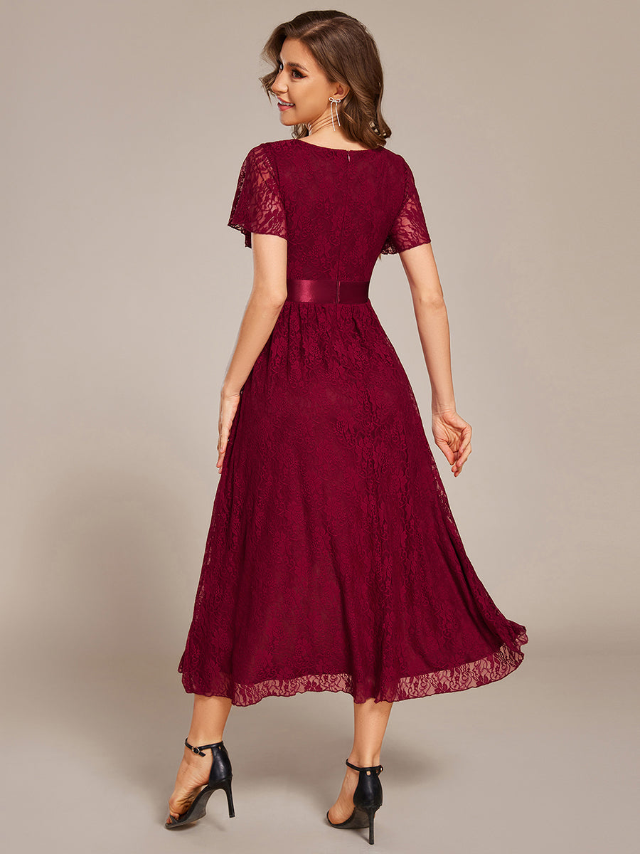 Short Sleeve Ruffled Lace Midi Weeding Guest Dress #color_Burgundy