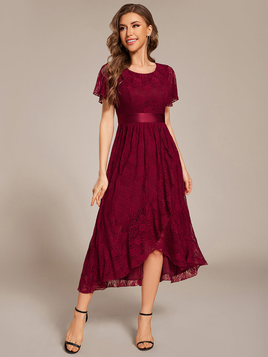 Short Sleeve Ruffled Lace Midi Weeding Guest Dress #color_Burgundy