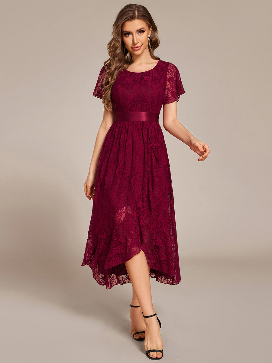 Short Sleeve Ruffled Lace Midi Weeding Guest Dress #color_Burgundy