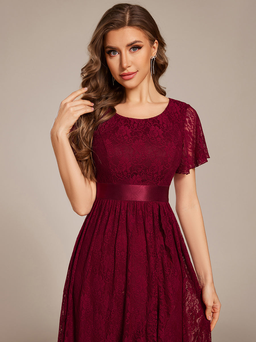 Short Sleeve Ruffled Lace Midi Weeding Guest Dress #color_Burgundy