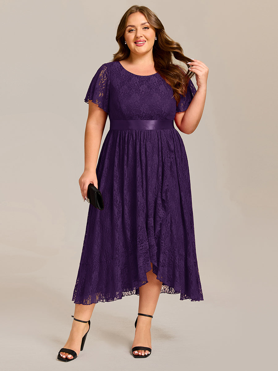 Short Sleeve Ruffled Lace Midi Weeding Guest Dress #color_Dark Purple